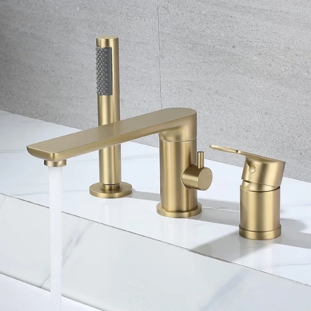 Roman Waterfall Faucet Deck Mount With‎ Handheld Sprayer 3 Holes Brass Finish